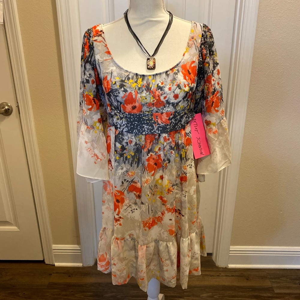 Betsey Johnson Bell Sleeve Chiffon Babydoll Dress Floral Cream & Orange Size 4